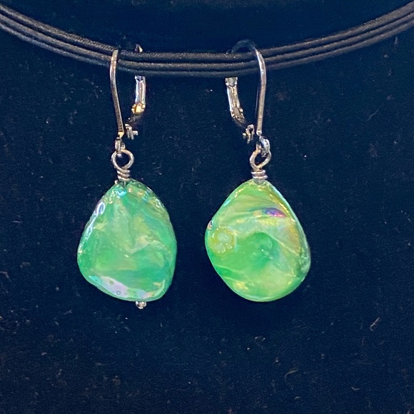 Hand Crafted Jewelry - SJC Opalescent Green Mother of Pearl Earrings